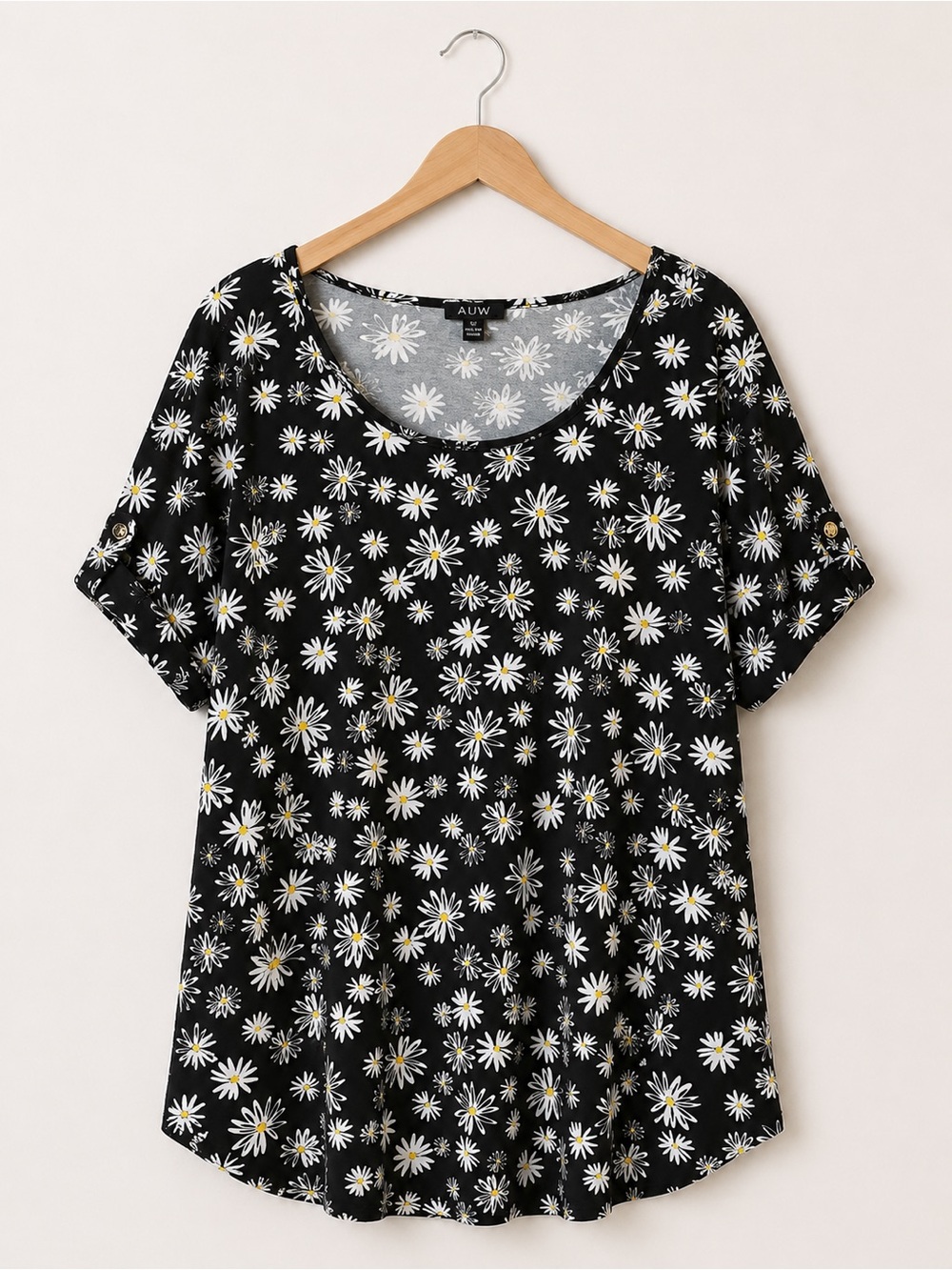 AUW Black Daisy Print Short Sleeve Scoop Neck Top 3X
